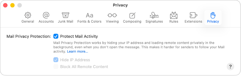 The Privacy pane in Mail Settings.
