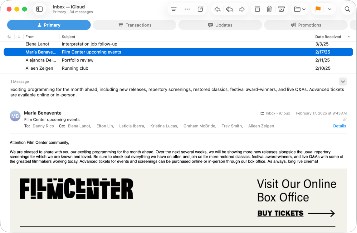 The Mail window showing the message list in column layout—with columns such as From, Subject, and Date Received—and the message preview below the list.