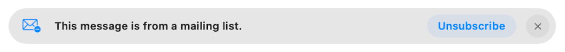 A banner below the message header in the preview area indicates the message is from a mailing list. A link to unsubscribe is located on the right.