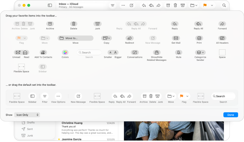 The menu to drag and drop items into the Mail toolbar.