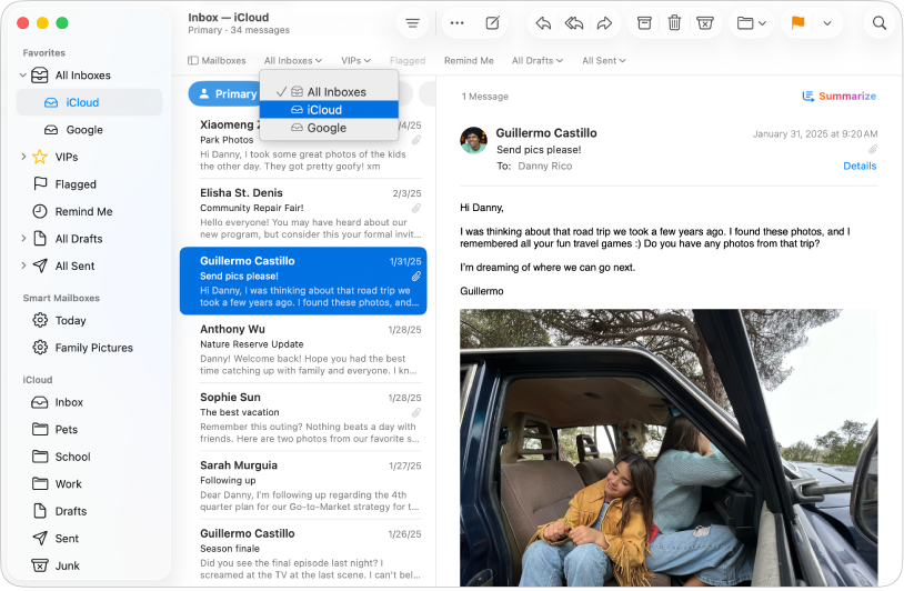 A Mail window showing the All Inboxes menu in the Favorites bar.