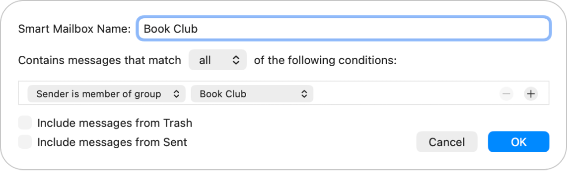 The Smart Group window showing criteria for a group named “Book club.” The group has two conditions. The first condition is “Sender is member of group.” The second condition is “Book club.”
