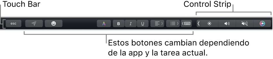 Touch Bar en la parte superior del teclado, mostrando la Control Strip contraída a la derecha y botones que varían según la app o tarea.