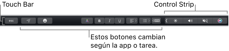 La Touch Bar en la parte superior del teclado, con la Control Strip contraída a la derecha y botones que varían según la app o la tarea.