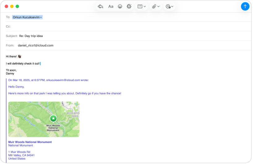 Une fenêtre de Mail affichant une réponse à un message.