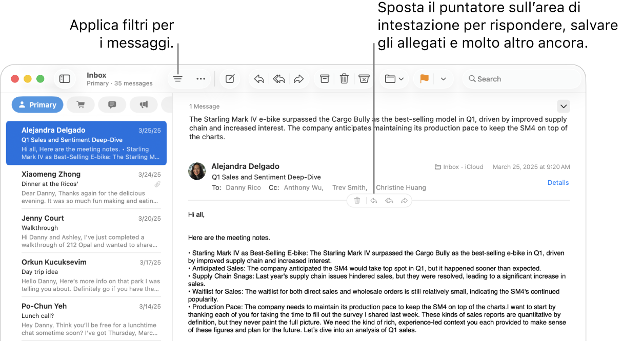 Finestra di Mail. Fai clic sul pulsante Filtro nella barra strumenti per applicare filtri ai messaggi. Per mostrare i pulsanti per rispondere, salvare gli allegati e altro, sposta il puntatore sopra l’area di intestazione del messaggio.