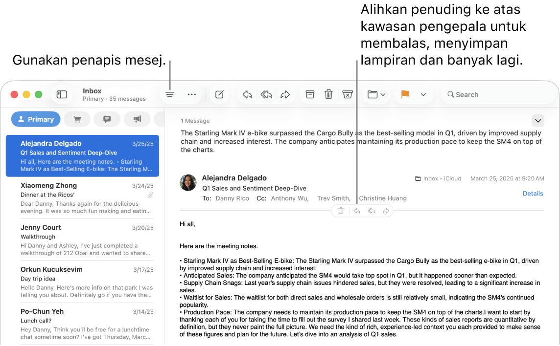 Tetingkap Mail. Klik butang Penapis dalam bar alat untuk menggunakan penapis mesej. Untuk mendedahkan butang bagi membalas, menyimpan lampiran dan banyak lagi, gerakkan penuding ke atas kawasan pengepala mesej.