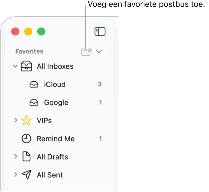De navigatiekolom van Mail met daarin verschillende accounts en postbussen en gedeelten zoals 'Favorieten' en 'Alle concepten'. Klik boven in de navigatiekolom op de knop rechts van 'Favorieten' om een postbus aan dat gedeelte toe te voegen.
