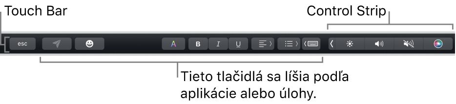 Touch Bar v hornej časti klávesnice so zbaleným Control Stripom na pravej strane a tlačidlami, ktoré sa líšia v závislosti od apky alebo úlohy.