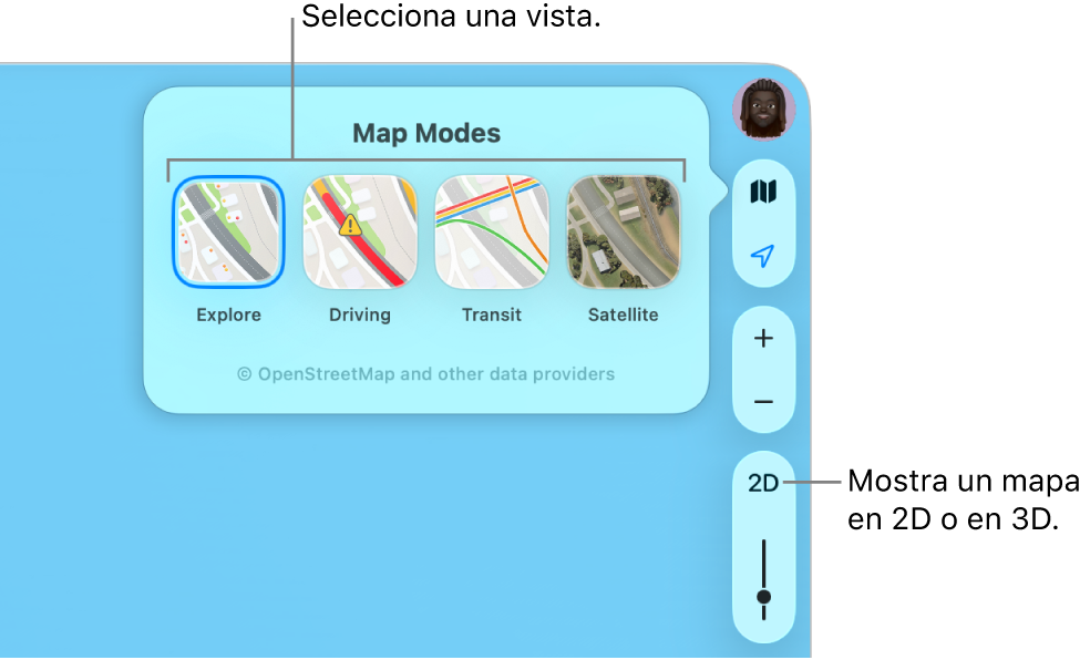 S’ha fet clic al botó “Mapa” i hi ha quatre vistes de mapa disponibles: Explorar, “En cotxe”, “Transport públic” i Satèl·lit.