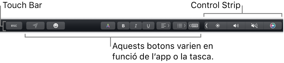 La Touch Bar, situada a la part superior del teclat, que mostra la Control Strip contreta, a la dreta, i botons que varien segons l’app o la tasca.