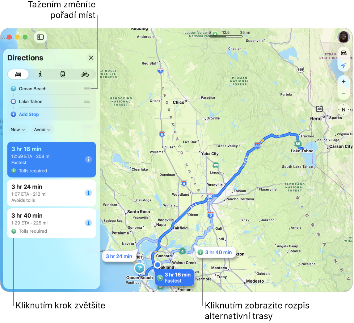 Mapa oblasti San Francisca s trasou pro jízdu autem mezi dvěma místy. Mapa zobrazuje také alternativní trasy