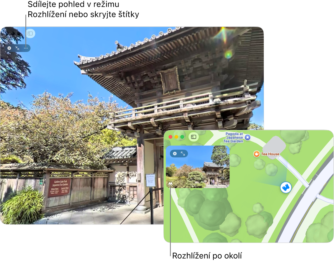Interaktivní 360stupňové zobrazení turistické atrakce v San Franciscu, s 3D mapou v pravém dolním rohu