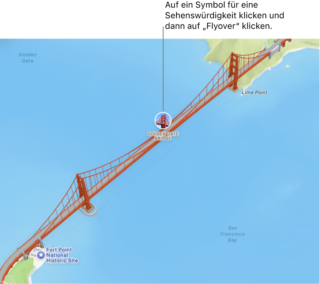 Bei Orten, die mit umkreisten Symbolen gekennzeichnet sind, sind oft Flyover-Touren verfügbar.