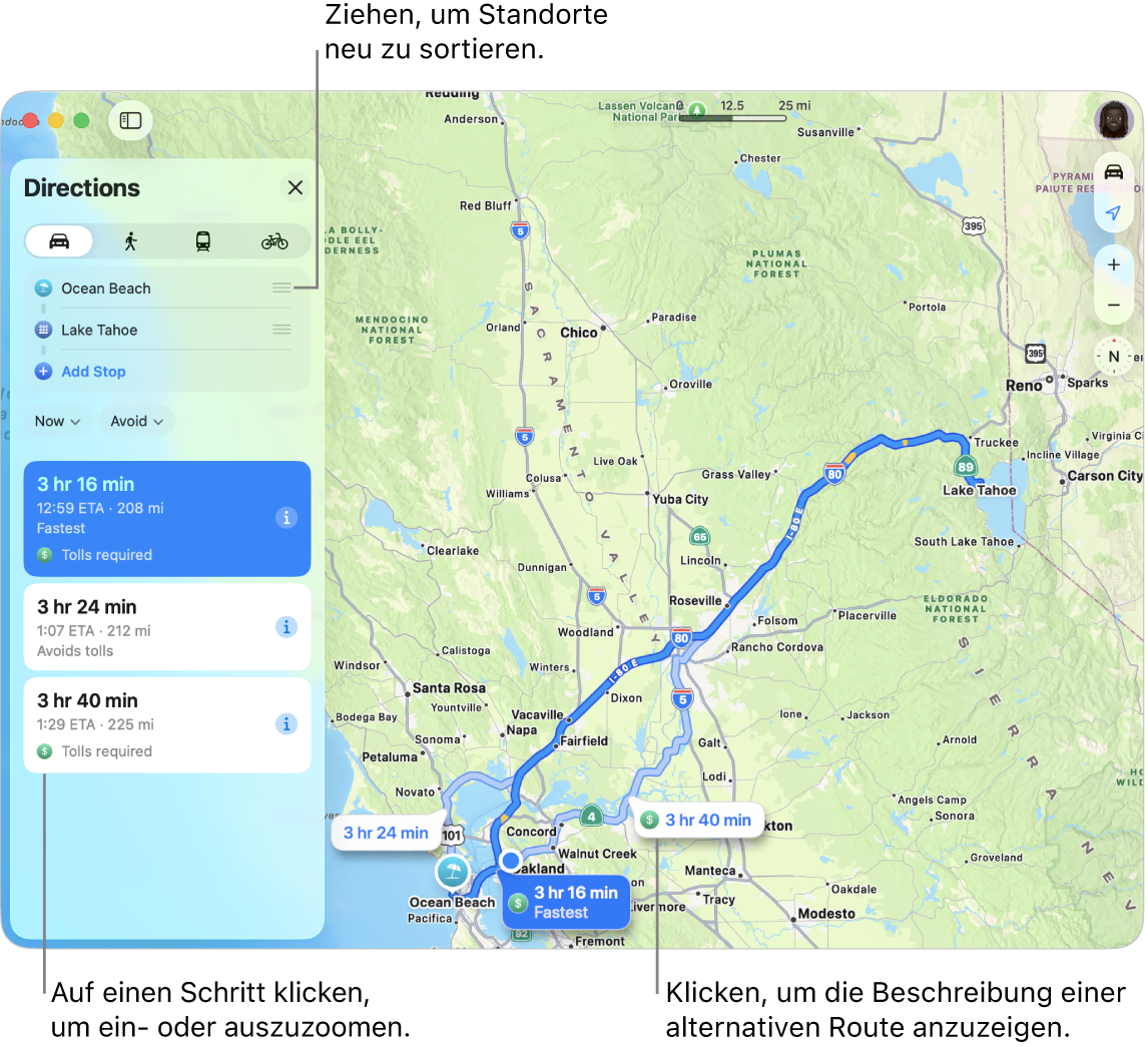 Eine Karte der San Francisco Area mit Beschreibungen von Fahrtrouten zwischen zwei Orten. Auf der Karte werden auch alternative Routen angezeigt.