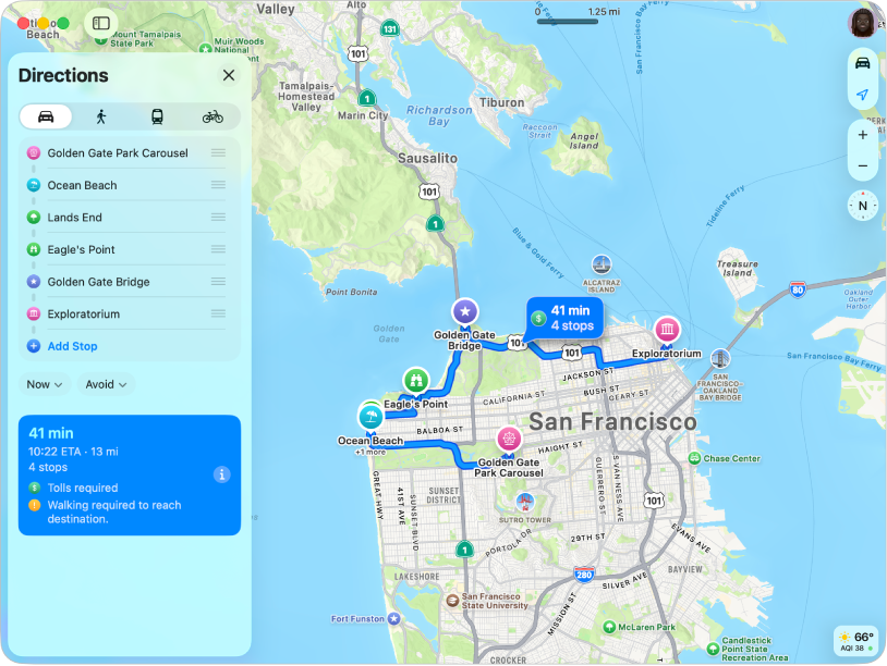 A map of San Francisco showing a route with multiple stops.
