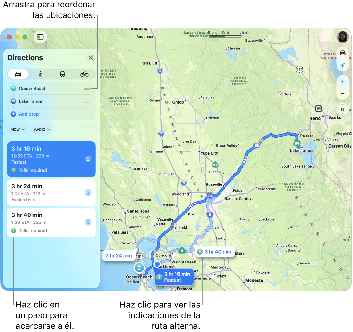 Un mapa de San Francisco con indicaciones para una ruta en auto entre dos ubicaciones. También se muestran rutas alternativas en el mapa.