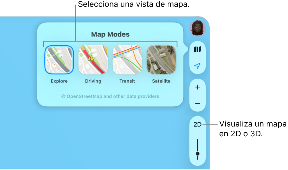 Se ha hecho clic en el botón Mapa y hay cuatro visualizaciones de mapa disponibles: Explorar, “En coche”, “Transporte público” y Satélite.