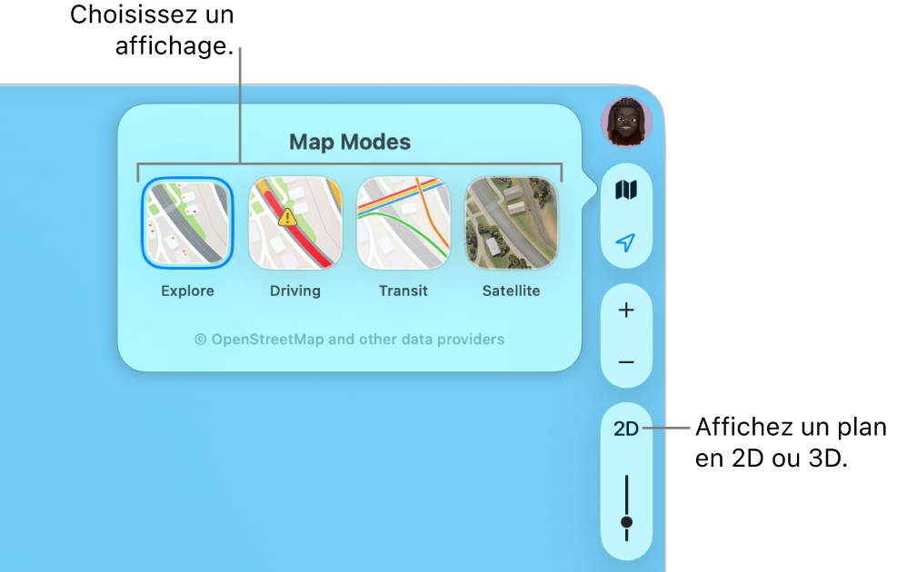 Le bouton Plan a été cliqué, et quatre vues de plan sont disponibles : Explorer, En voiture, Transport et Satellite.