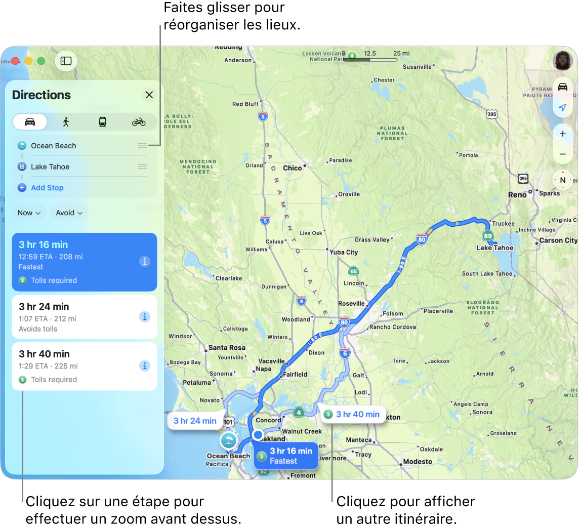 Un plan de la région de San Francisco avec un itinéraire en voiture entre deux lieux. Des routes alternatives sont également affichées sur le plan.