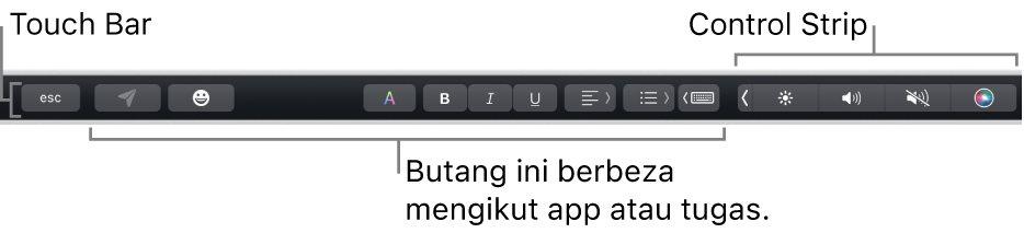 Touch Bar merentas bahagian atas papan kekunci, menunjukkan Control Strip yang diruntuhkan di sebelah kanan dan butang yang berbeza mengikut app atau tugas.