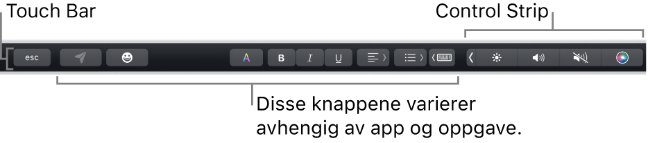 Touch Bar langs toppen av tastaturet, som viser minimert Control Strip til høyre og knapper som varierer avhengig av app eller oppgave.