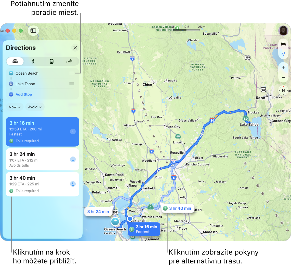 Mapa z oblasti San Francisca s navigáciou pre jazdu autom medzi dvomi lokalitami. Na mape sú tiež zobrazené alternatívne trasy.