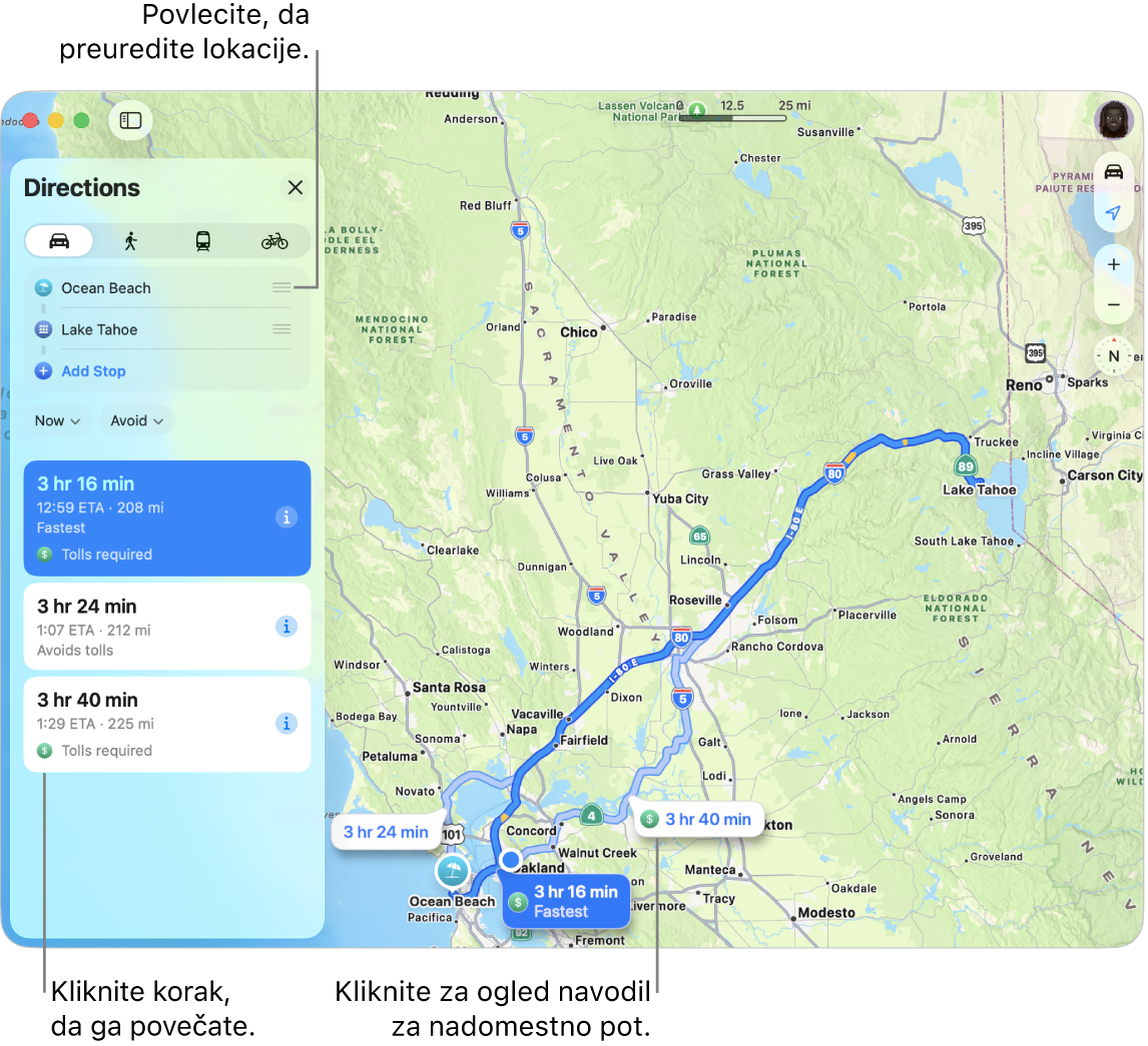 Zemljevid območja San Francisca z navodili za vožnjo med dvema lokacijama. Na zemljevidu so prikazane tudi nadomestne poti.