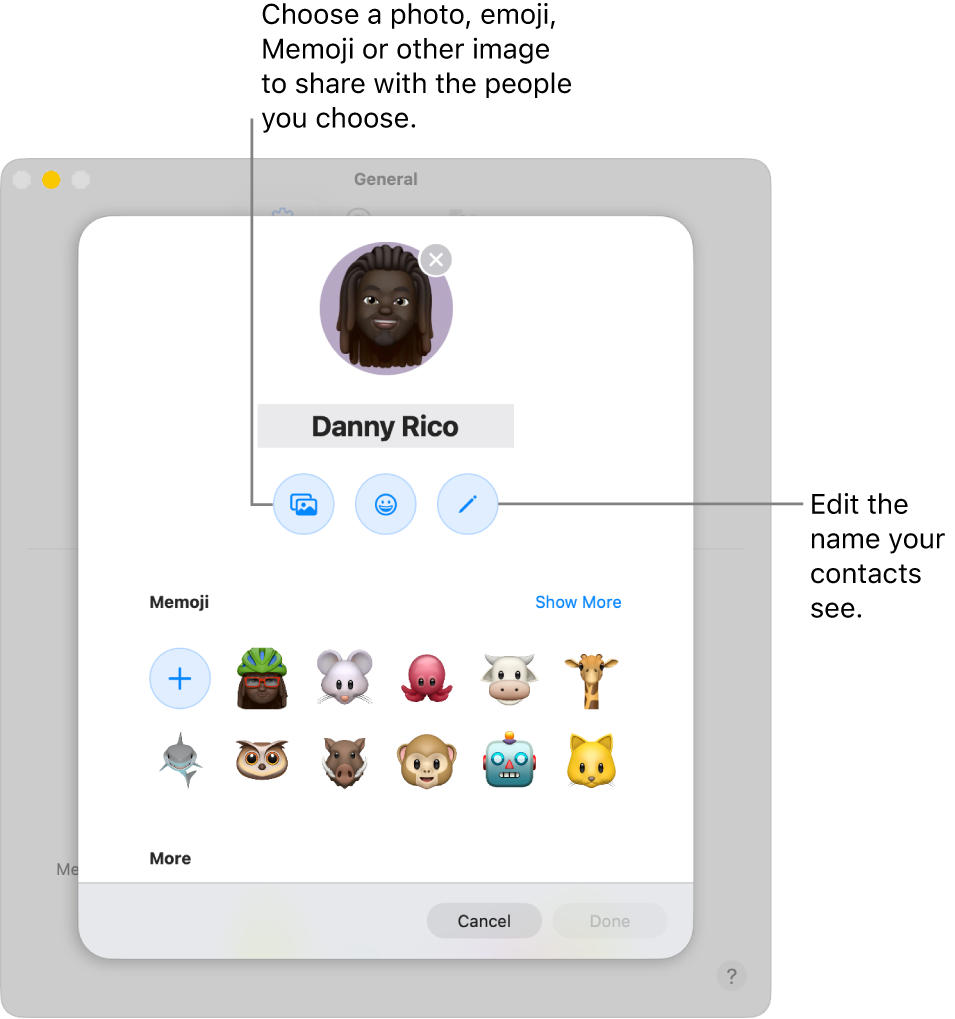 The Name and Photo Sharing dialog, showing options for editing the name your contacts see and choosing a photo, emoji, Memoji or other image.