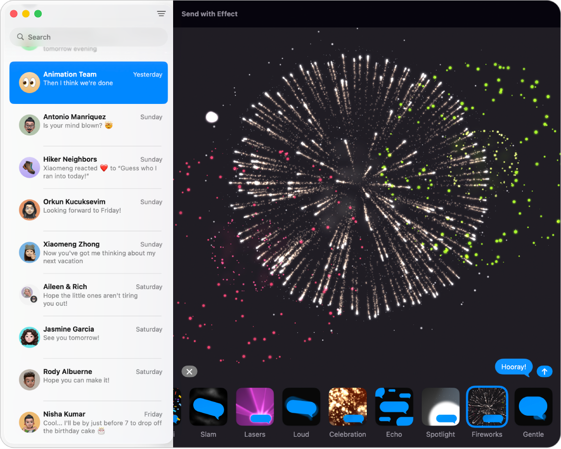 The Messages window with several conversations listed in the sidebar at the left, and a message effect, fireworks, appearing in the conversation at the right.