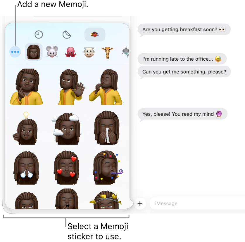 The Messages window with several conversations listed in the sidebar at the left, and a transcript showing at the right. When choosing Memoji Stickers from the Apps button, you can select a Memoji sticker to use or create a new Memoji.