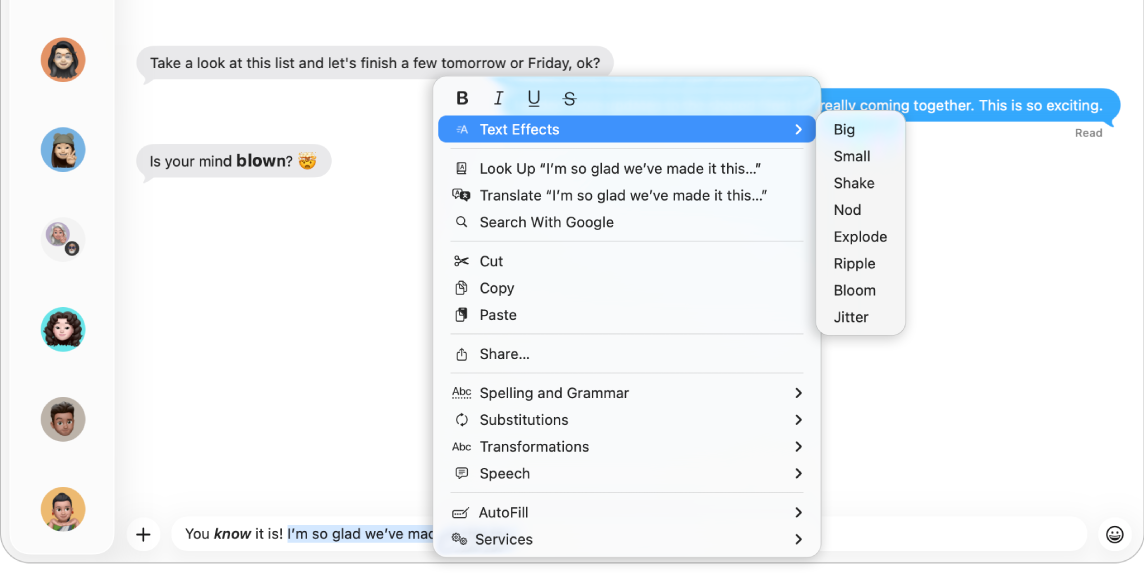 A Messages window with several conversations in the sidebar. In the transcript on the right, the current message is selected, and the Text Effects menu is open, with options to format or animate the message.