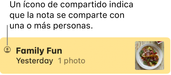 Una nota que se ha compartido con otras personas en una conversación de Mensajes, con el ícono Compartido a la izquierda del nombre de la nota.