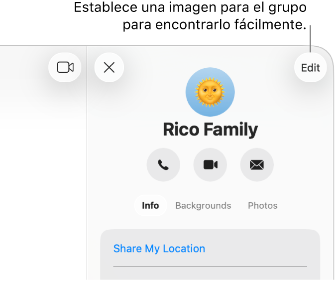 La visualización de Información de una conversación grupal, que aparece después de hacer clic en el ícono del grupo o del contacto en la parte superior de una conversación; mostrando íconos de los miembros del grupo y el nombre del grupo. Debajo del nombre del grupo hay botones para hacer una llamada de video o audio de FaceTime, o bien enviar un correo al grupo. Debajo de ellos está el botón para cambiar el nombre y la foto del grupo.