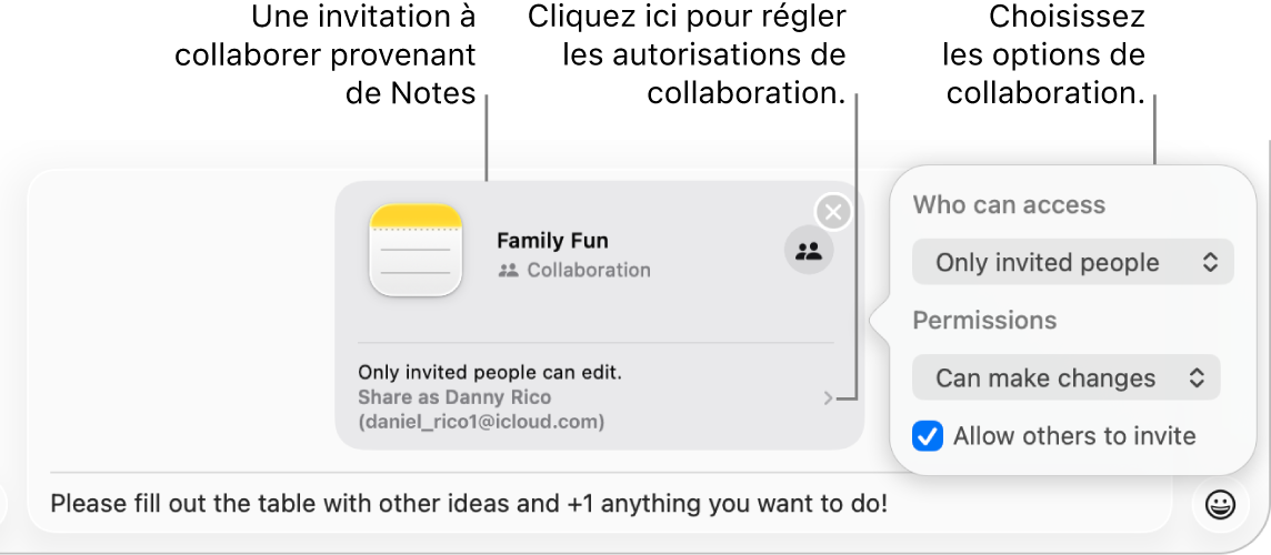 Zoom sur le champ de message texte en bas de la conversation dans Messages. On y voit une invitation à collaborer à une note. Vous pouvez cliquer sur le côté droit de l’invitation pour configurer les autorisations relatives à la collaboration.