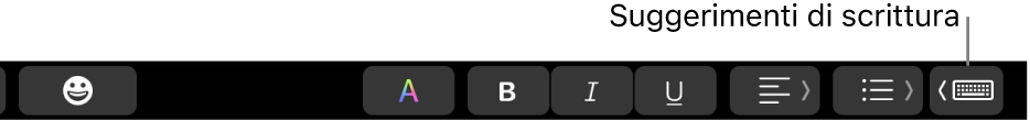 Touch Bar con il pulsante per mostrare i suggerimenti di scrittura all’estremità destra.