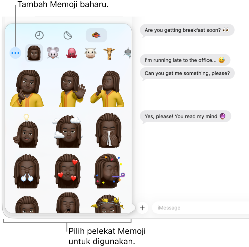 Tetingkap Mesej dengan beberapa perbualan disenaraikan dalam bar sisi di sebelah kiri dan transkrip ditunjukkan di sebelah kanan. Semasa memilih Pelekat Memoji daripada butang App, anda boleh memilih pelekat Memoji untuk mencipta Memoji baharu.