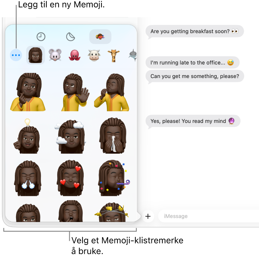 Meldinger-vinduet, med flere samtaler i sidepanelet til venstre og en logg til høyre. Når du velger Memoji-klistremerker fra Apper-knappen, kan du velge et ferdig laget Memoji-klistremerke eller opprette en ny Memoji.