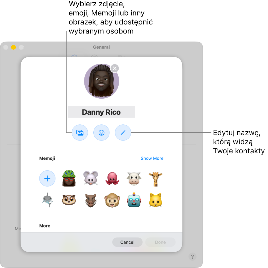 Okno dialogowe Udostępnianie nazwy i zdjęcia, zawierające opcje edycji nazwy, którą widzą Twoje kontakty, oraz wybrania zdjęcia, emoji, Memoji lub innego obrazka.