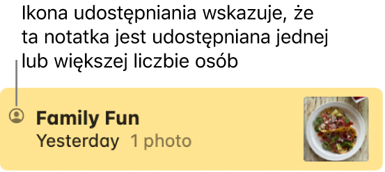 Notatka, która została udostępniona innym osobom w rozmowie w Wiadomościach oraz ikona przycisku udostępniania po lewej stronie nazwy notatki.
