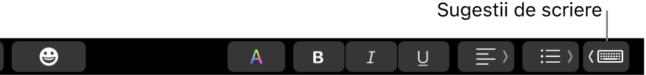 Bara Touch Bar, cu butonul de afișare a sugestiilor de scriere în capătul din dreapta.
