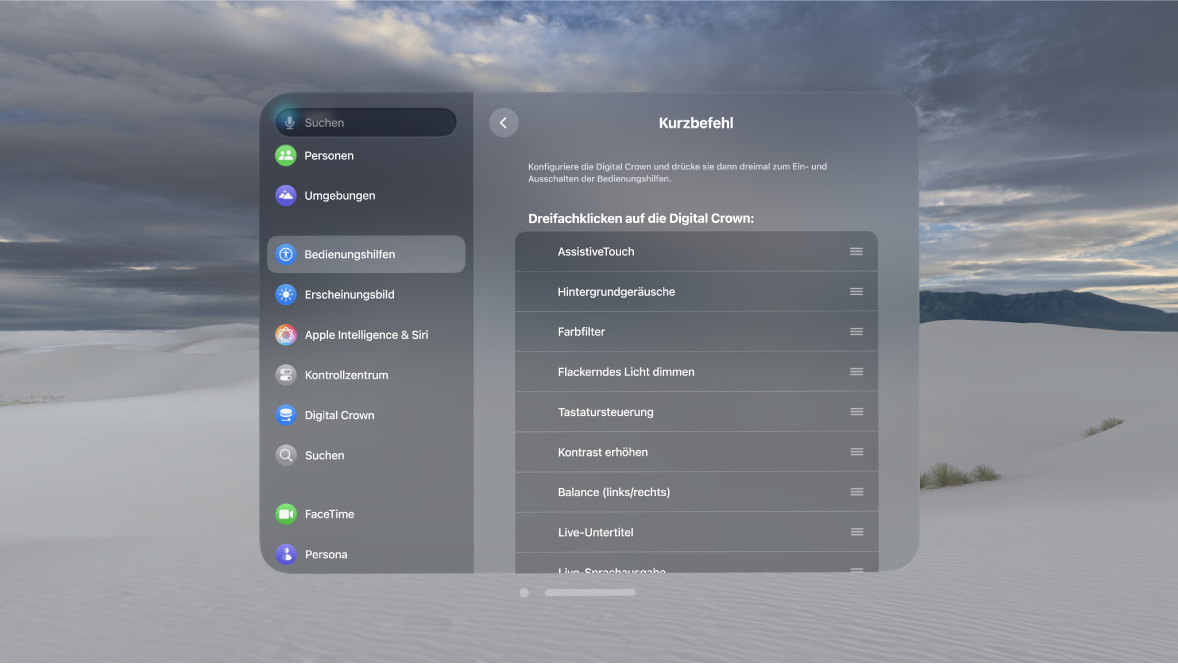 Die Einstellungen „Bedienungshilfen-Kurzbefehl“ auf der Apple Vision Pro zeigen Funktionen, die du mit der Digital Crown aktivieren oder deaktivieren kannst.