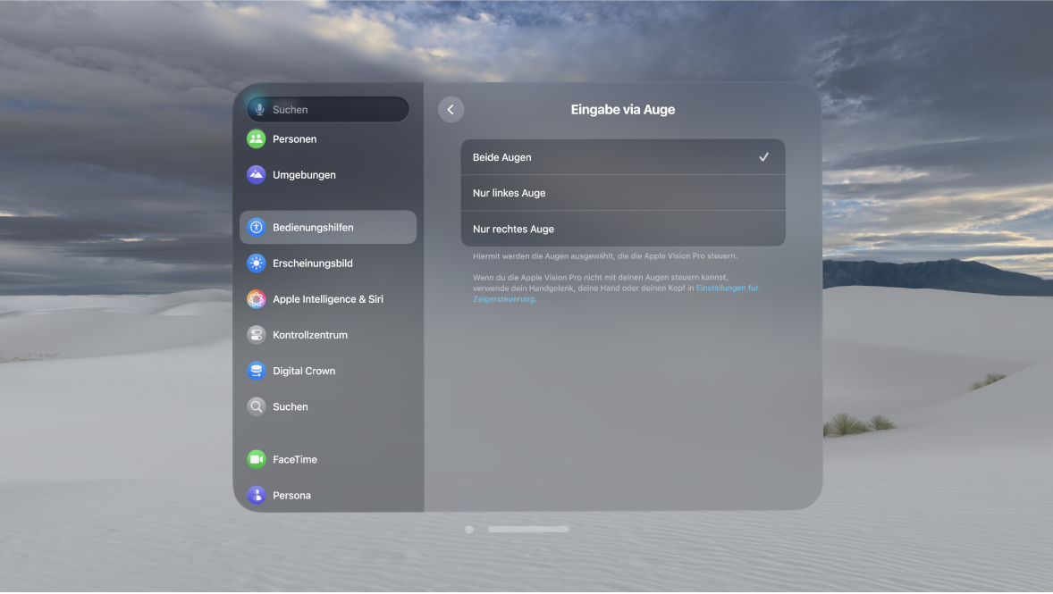 Die Einstellungen „Augeneingabe“ auf der Apple Vision Pro zeigt Optionen, um zu ändern, welche Augen zum Steuern des Geräts verwendet werden sollen.