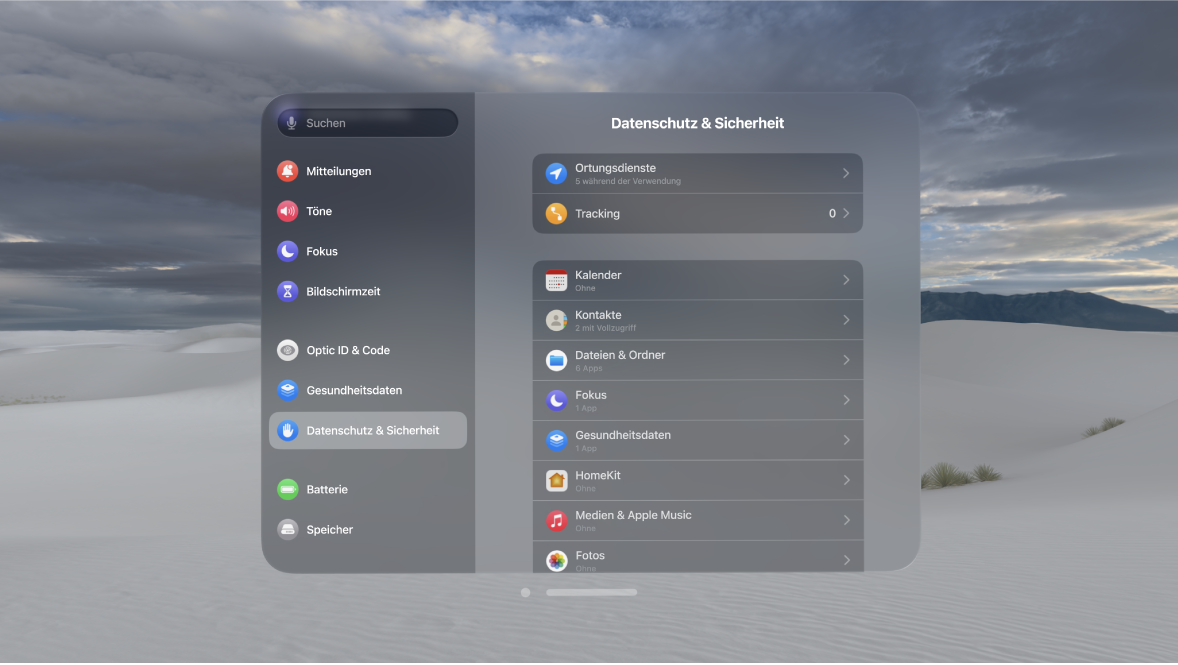 Die Einstellungen für „Datenschutz & Sicherheit“ auf der Apple Vision Pro zeigen oben die Einstellungen für die Ortungsdienste.