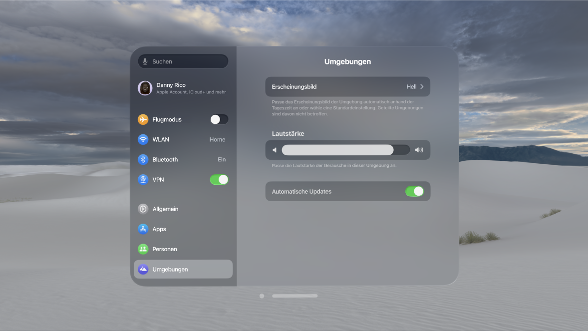 Die Einstellungen „Umgebungen“ zeigen, dass die Option „Automatische Updates“ aktiviert ist.