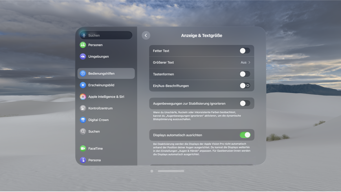 Die Einstellungen „Display & Textgröße“ auf der Apple Vision Pro zeigen die Steuerelemente, um die Optionen „Fetter Text“, „Augenbewegungen ignorieren“, „Fokusstatus erhöhen“ und mehr zu aktivieren.