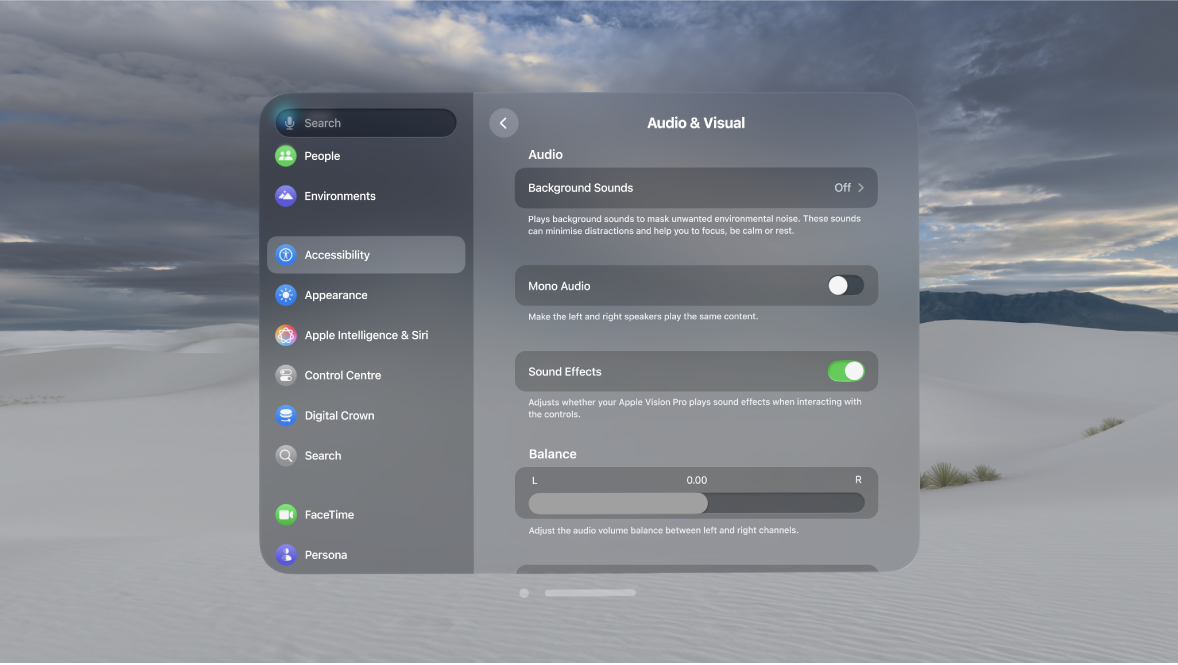 Audio & Visual settings on Apple Vision Pro, showing Sound Effects turned on.