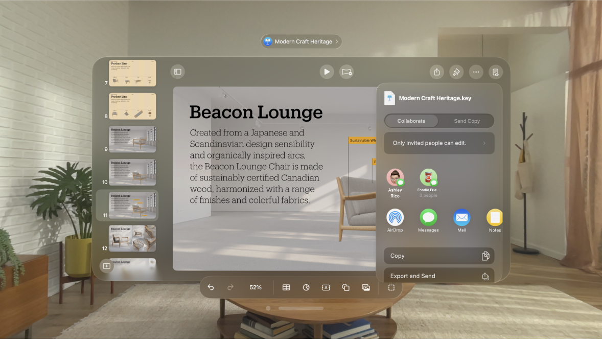 The Keynote app on Apple Vision Pro, showing the options to start collaboration.