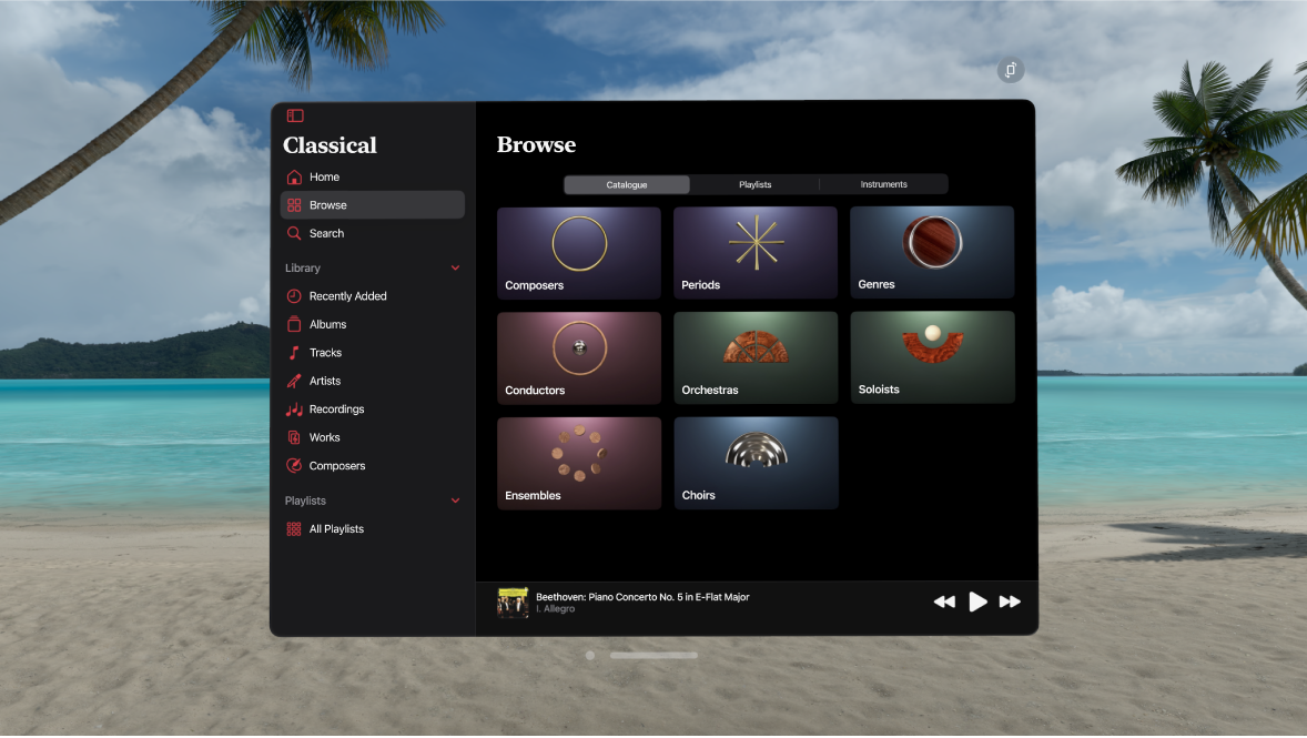 The Apple Music Classical app on Apple Vision Pro, showing Catalogue options in the Browse tab.
