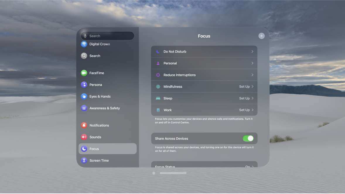 Focus settings on Apple Vision Pro, showing options to set up a focus, share across your devices and share Focus status.